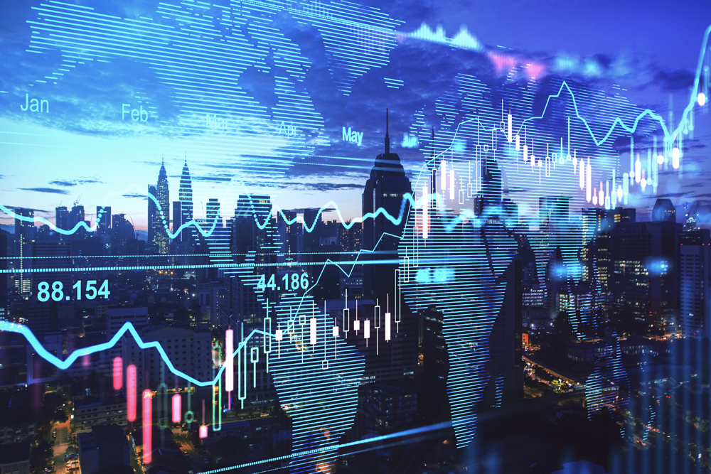 [Forex trade market concept with digital indicators, graphs, financial diagram at night Kuala Lumpur city background. Double exposure.]