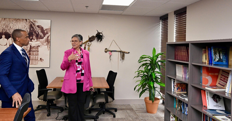 NLC Executive Director Georgette Smith gives Secretary Turner a tour of the center including the library, classrooms, and the Hoporenkv Native American Podcast studio NLC Executive Director Georgette Smith gives Secretary Turner a tour of the center including the library, classrooms, and the Hoporenkv Native American Podcast studio