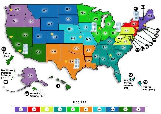 Map of the US with Regional Offices marked with stars. Regional Offices are located in Boston, New York City, Philadelphia, Atlanta, Chicago, Kansas City, Fort Worth, Denver, San Francisco, and Seattle.