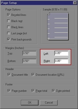 [Image 2: Page Setup, Left and Right page margins, Netscape 4.x.]