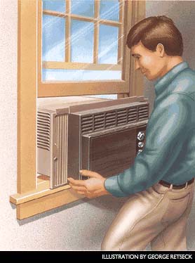 Image: Remove unit air conditioners during winter to reduce infiltration. Photo courtesy of Popular Mechanics. Illustration by George Retseck.